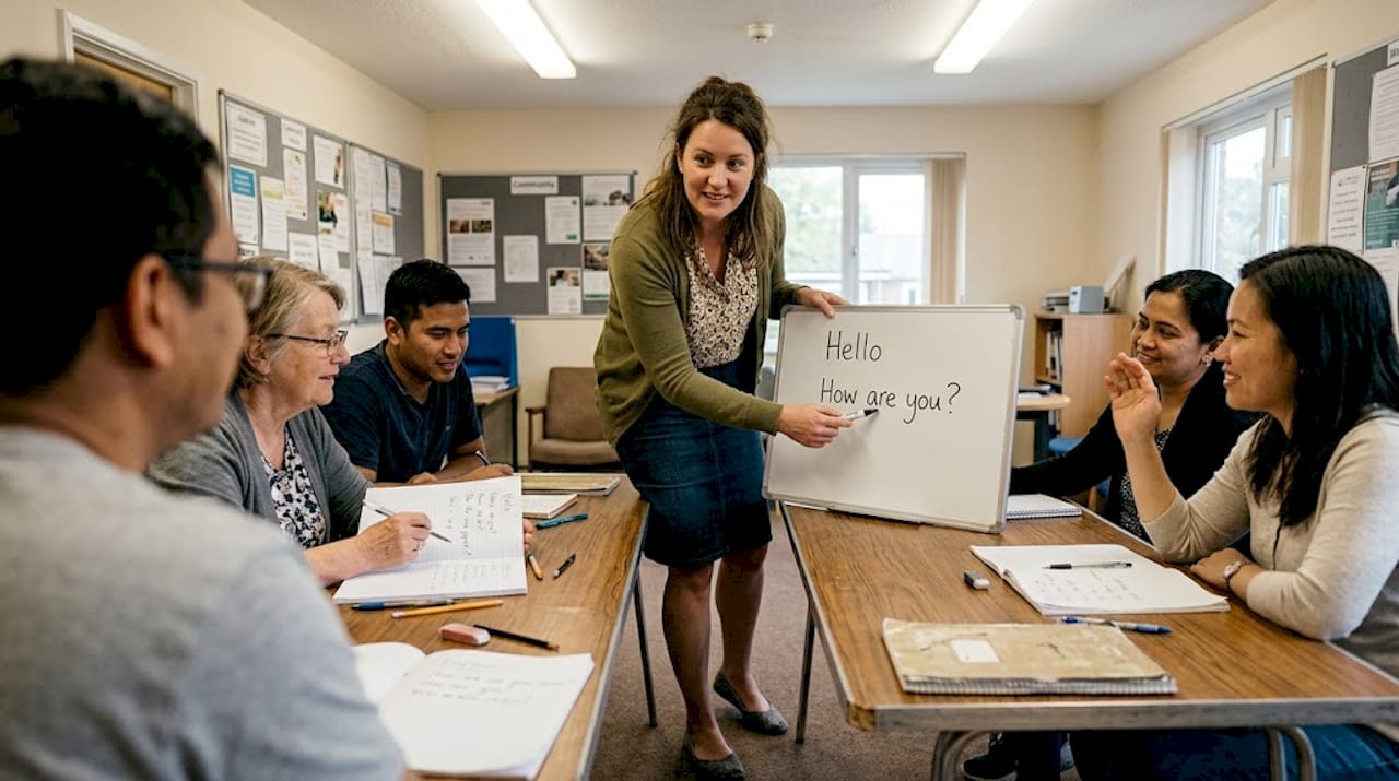 TEFL teacher explaining basic English phrases