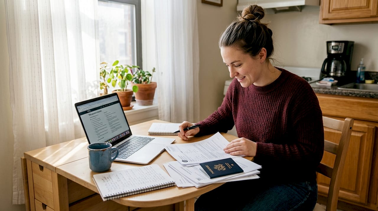 Woman sorting TEFL application documents at kitchen table