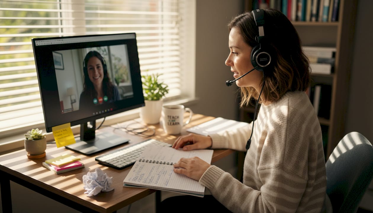 Remote English teacher working in home office