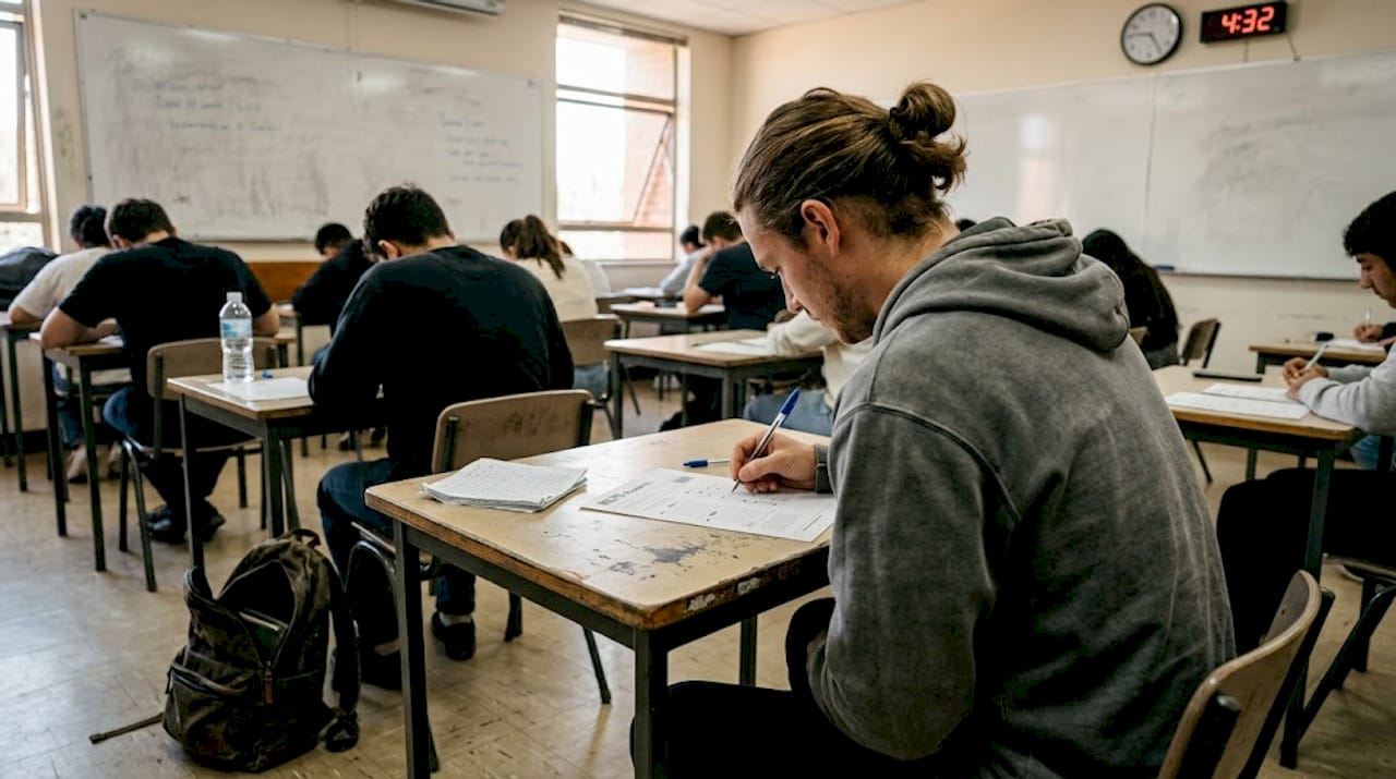 Test-taker filling IELTS sheet in classroom