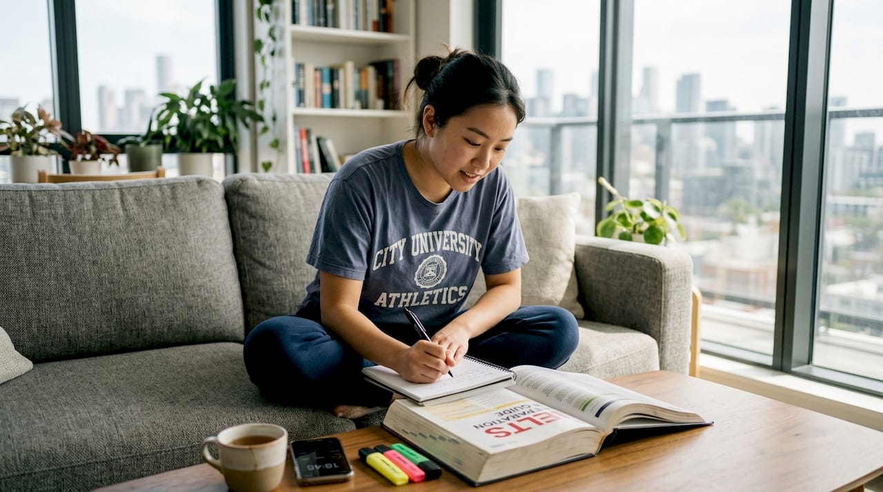 Student studying IELTS exam on living room sofa