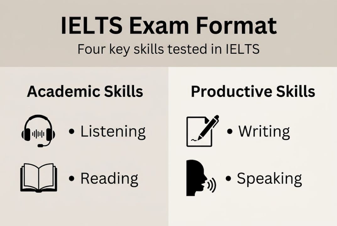 Infographic showing IELTS exam format and skills