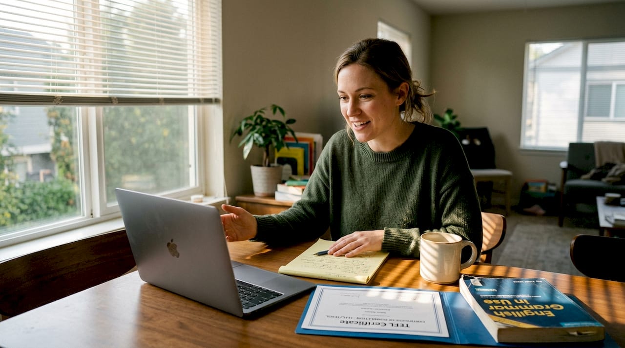 Woman attending TEFL interview at home desk