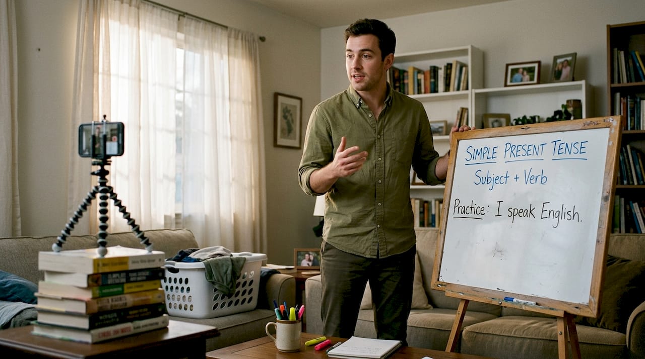 Teacher rehearsing demo lesson in living room