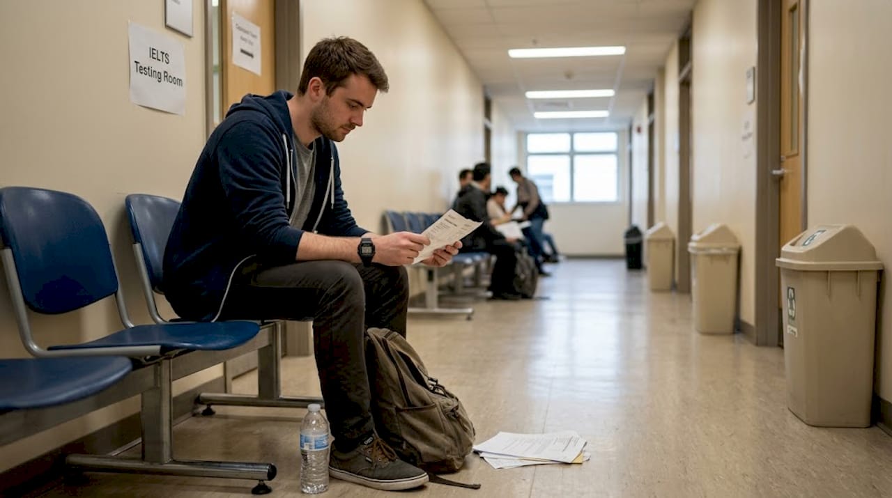 IELTS candidate waiting for exam start outside room