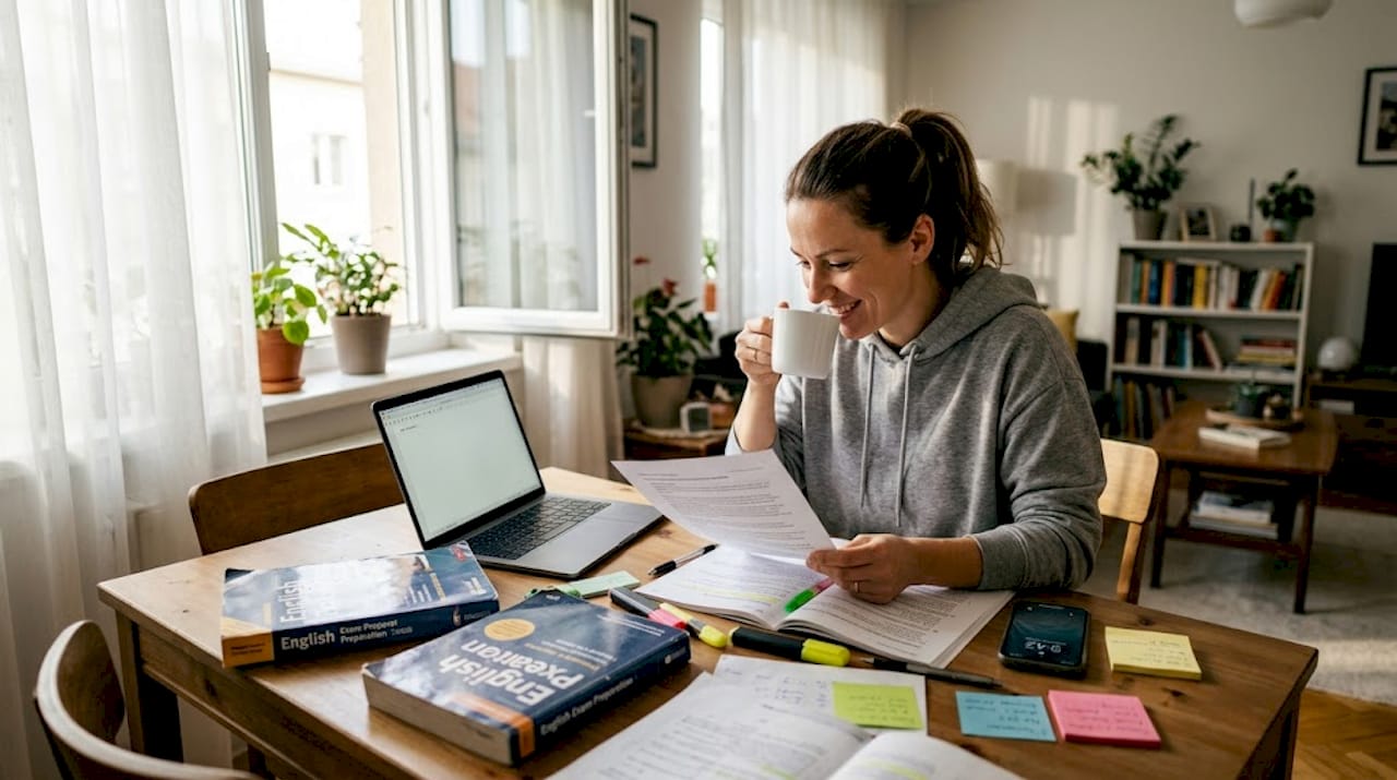 Teacher preparing for English exam at home table