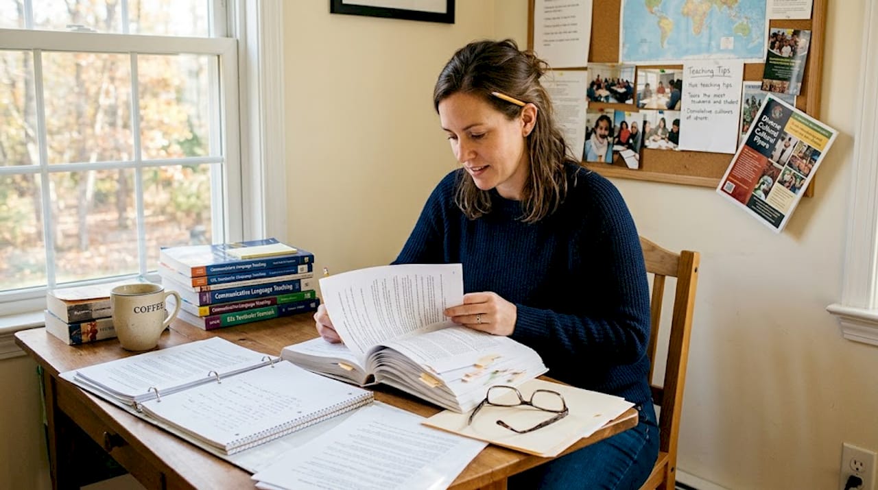 Teacher reviewing TEFL diploma materials