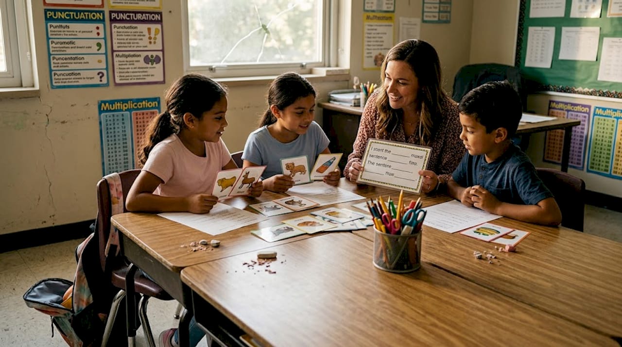 Students using flashcards in small ESL group
