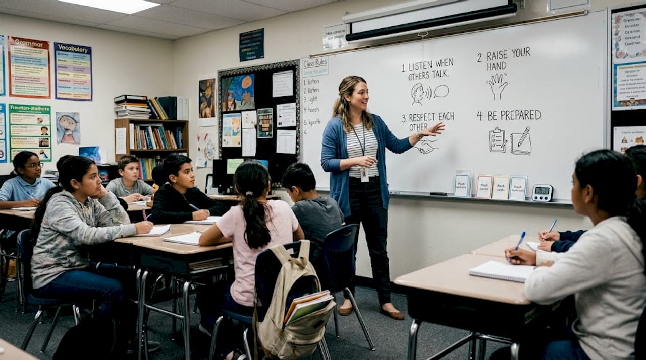 ESL teacher explaining rules at whiteboard