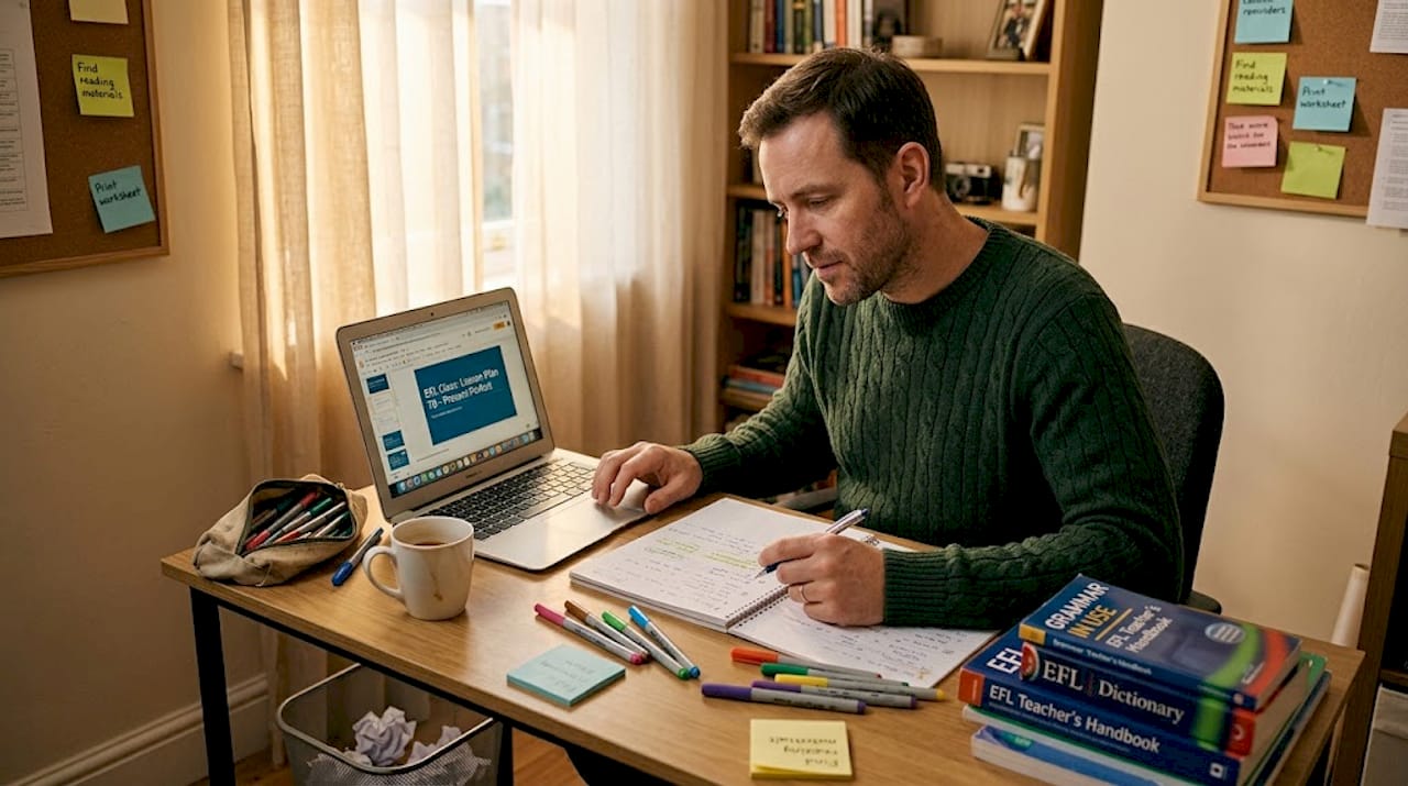 Teacher preparing EFL lesson plans at desk
