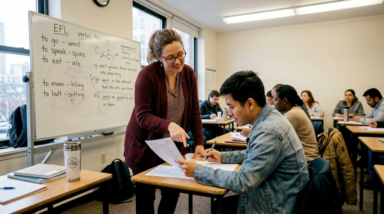 EFL teacher and students interact in classroom
