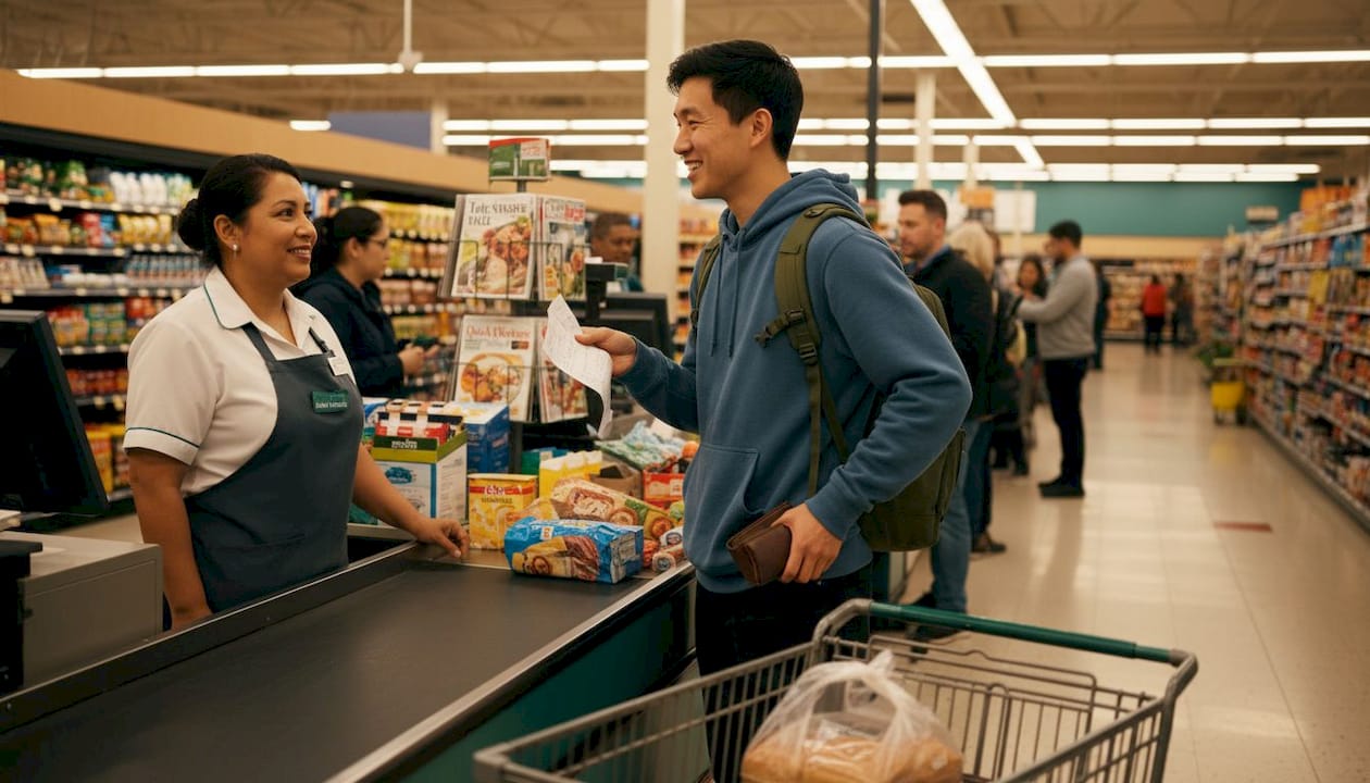 Student practicing English at supermarket checkout