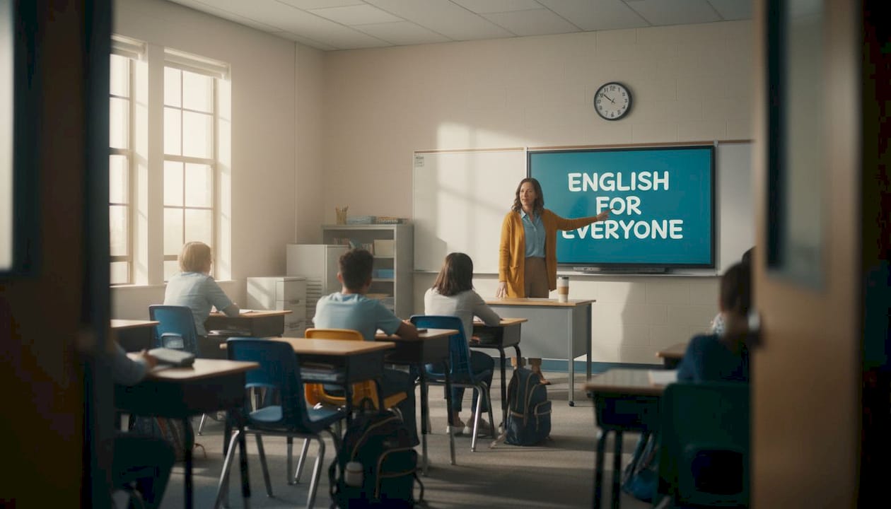 Teacher instructing diverse students in classroom