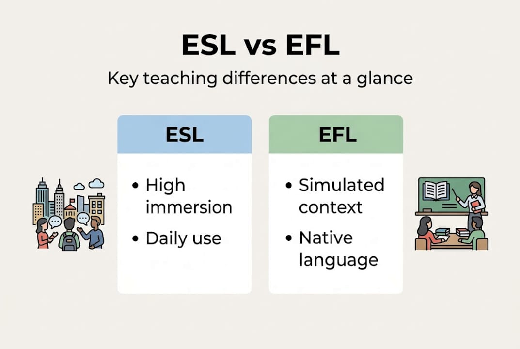 Infographic comparing ESL and EFL features
