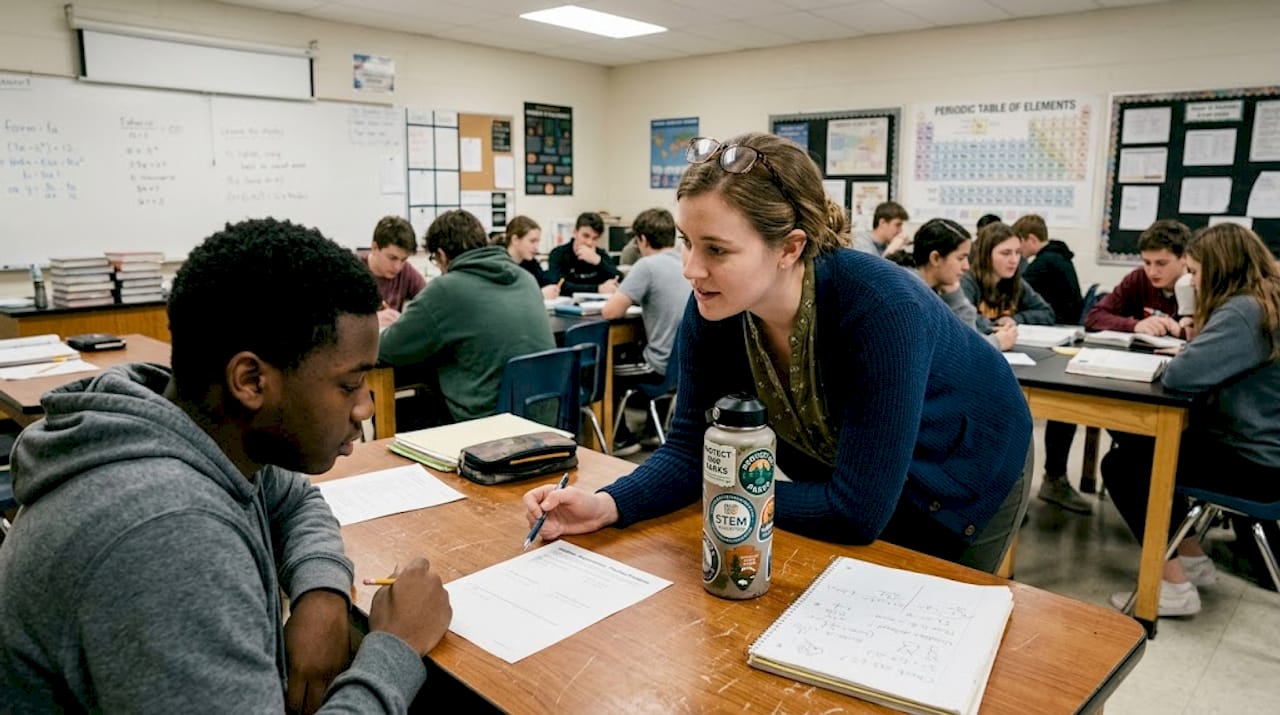 Teacher privately addressing student in classroom