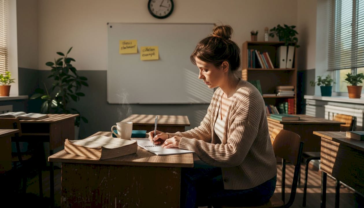 TEFL teacher preparing lessons with textbook
