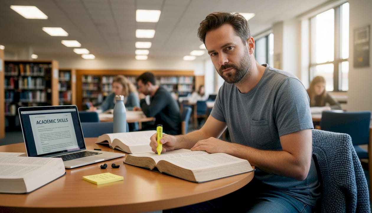 Student developing academic skills in library