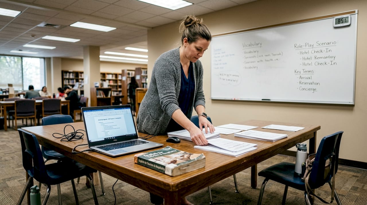 ESL educator preparing ESP class materials