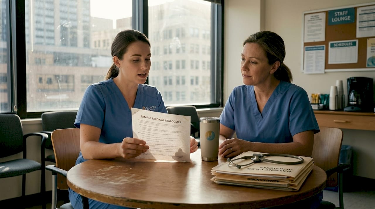 Nurse practicing English in hospital break room