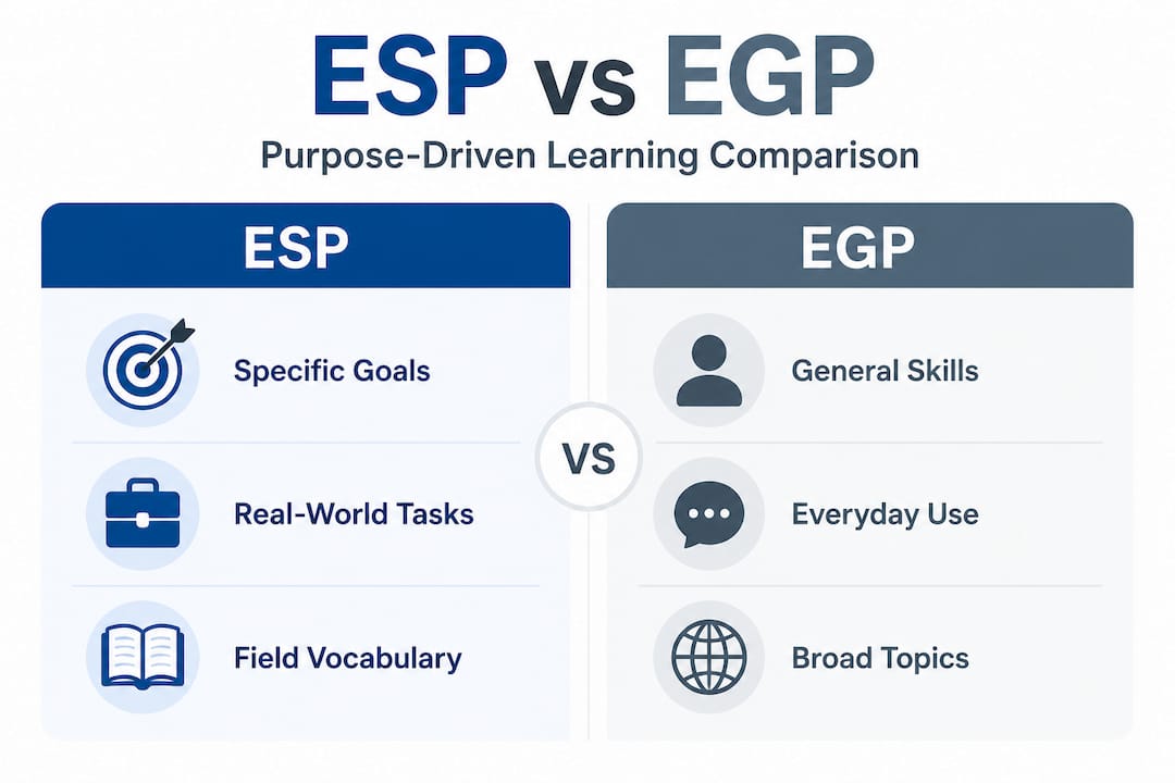 Infographic comparing ESP and general English focuses