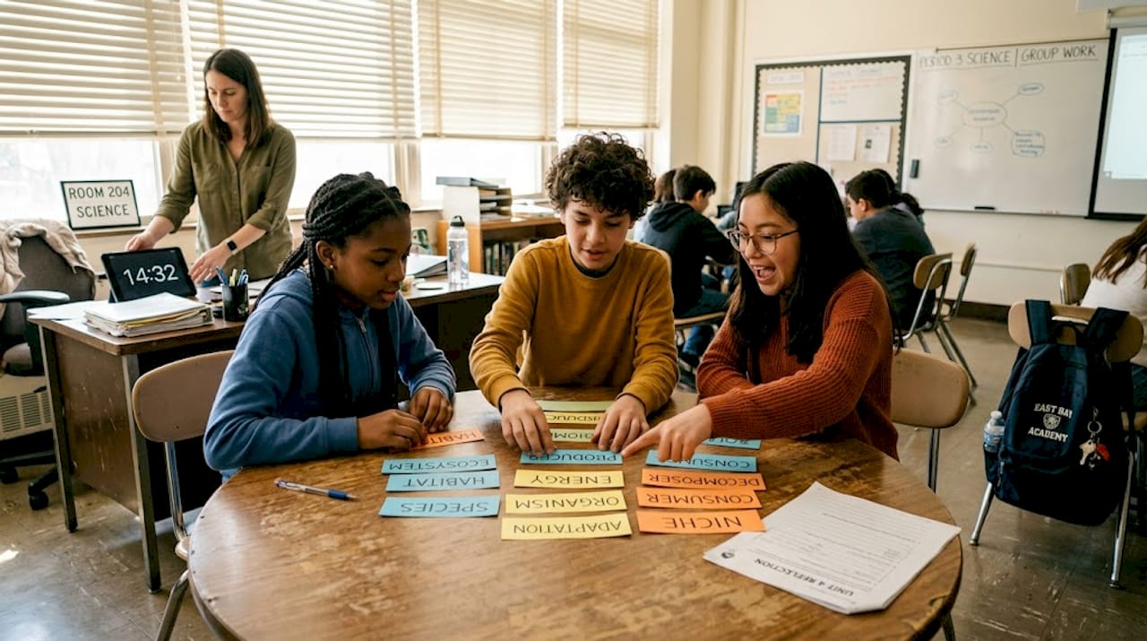 Students collaborate during group ESL game