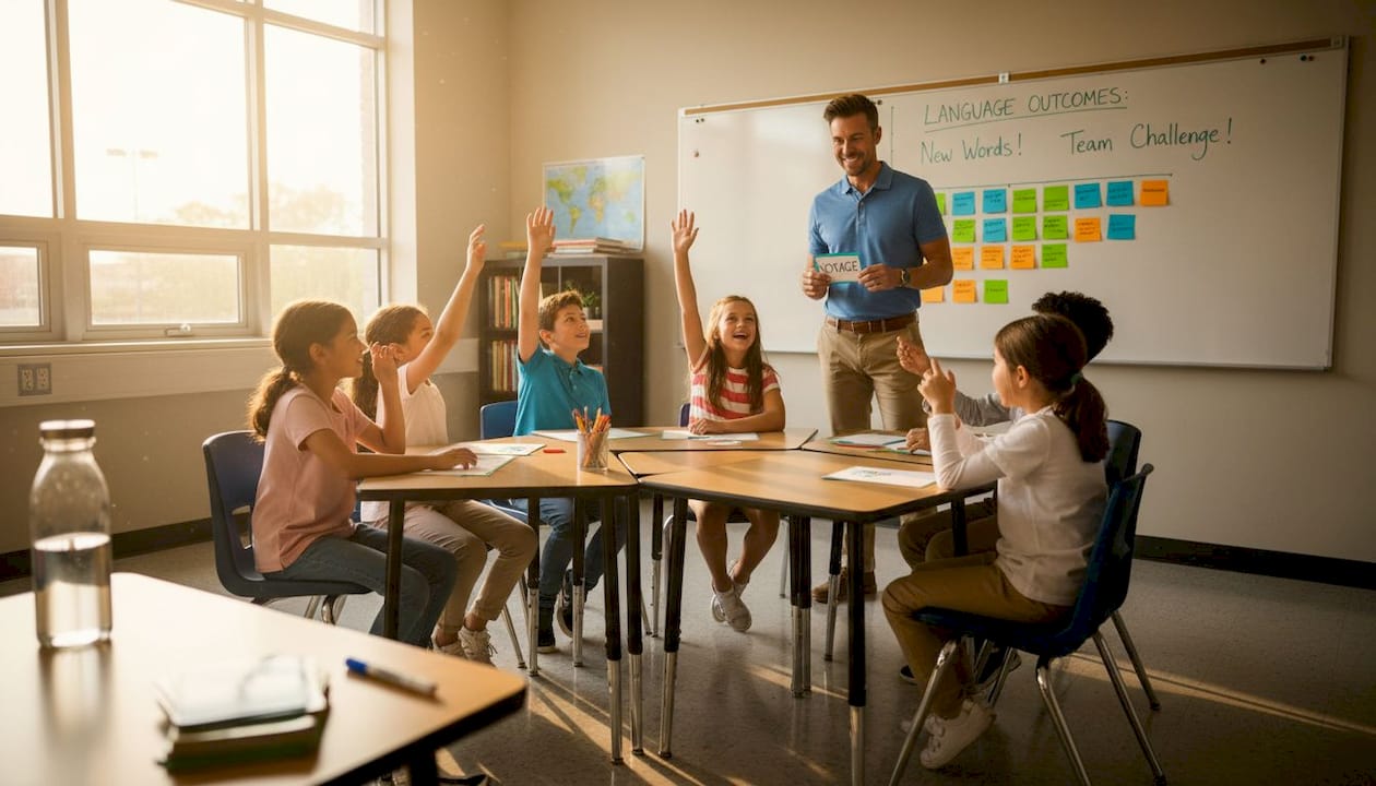 ESL teacher leading interactive classroom game