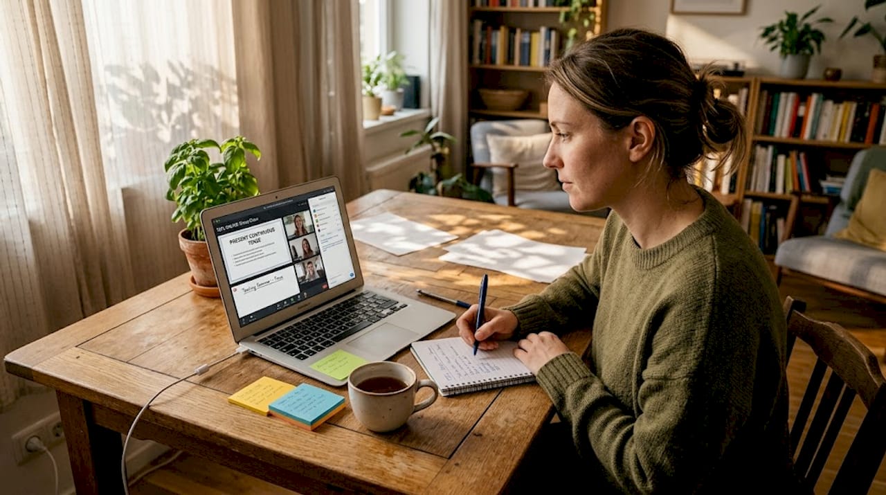 Aspiring TEFL teacher studying online at home table