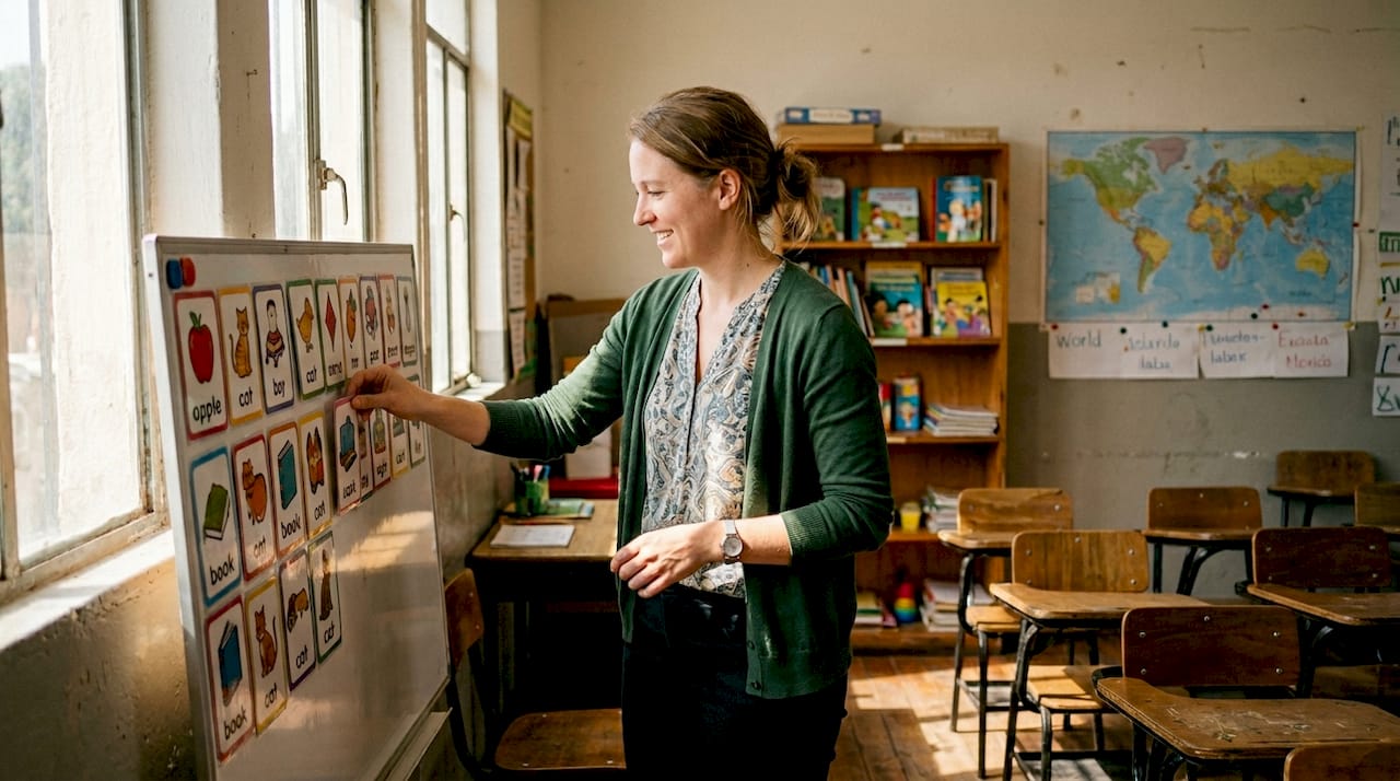 Teacher organizing flashcards in busy classroom