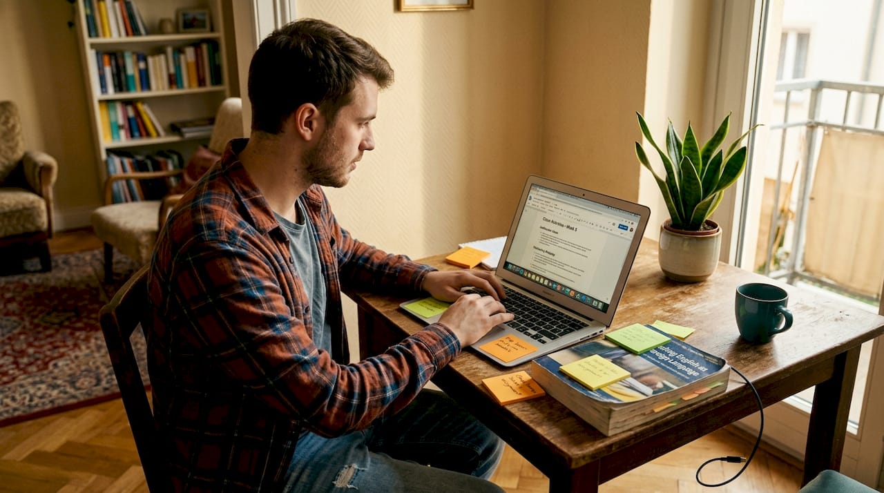 Teacher preparing digital lesson at home table