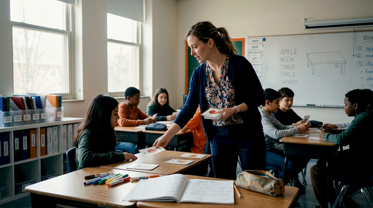 Teacher leads EFL activity in real classroom