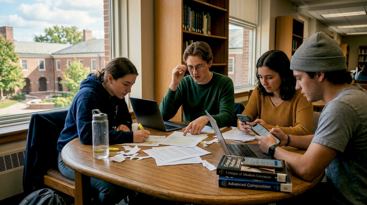 Students reviewing academic work together at library table