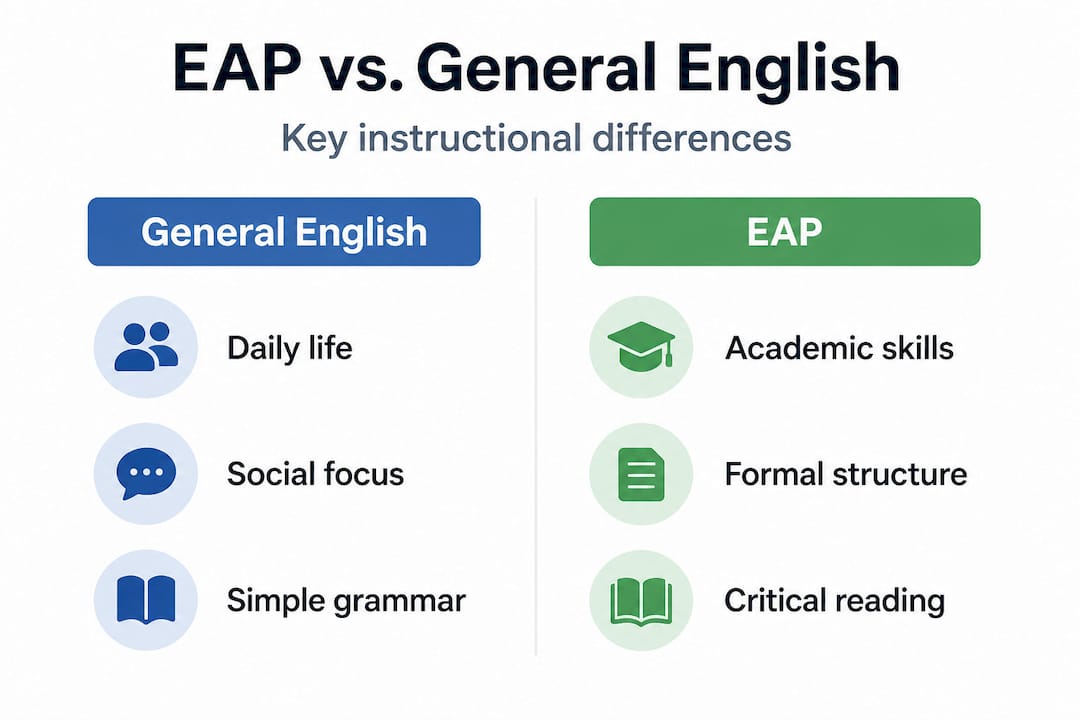 Infographic comparing EAP and General English features