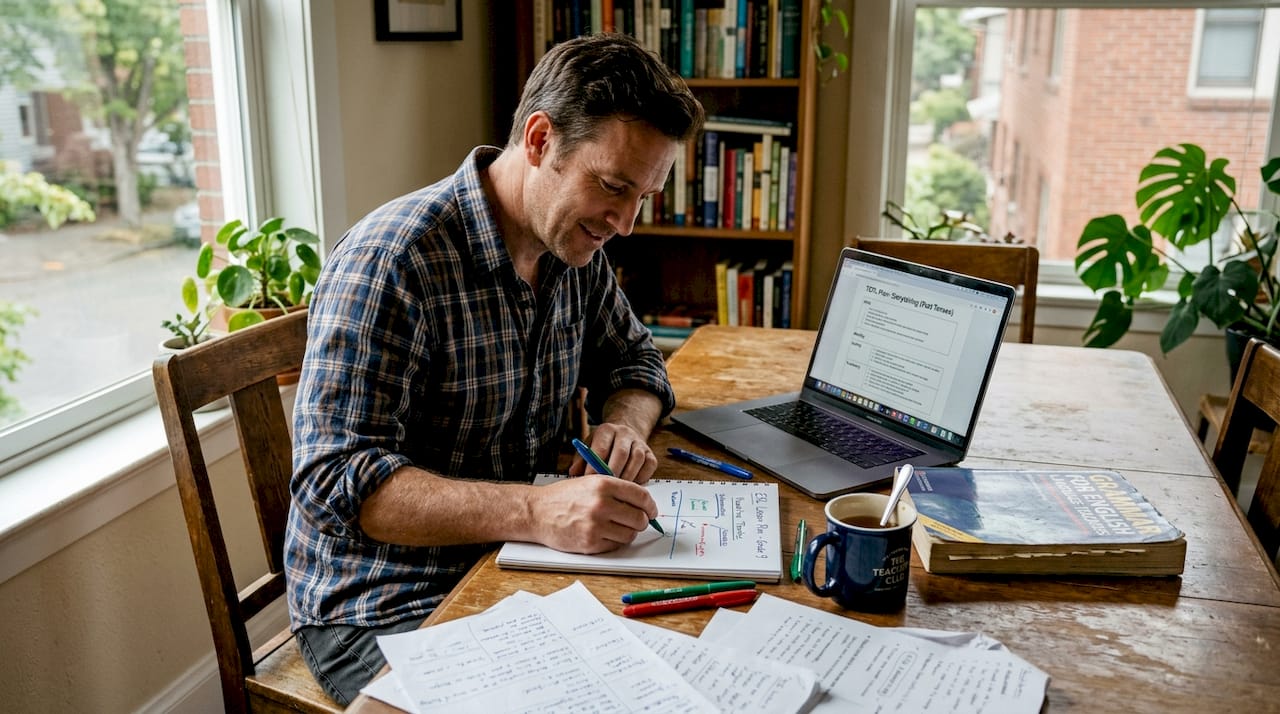 Teacher planning ESL lesson at home table