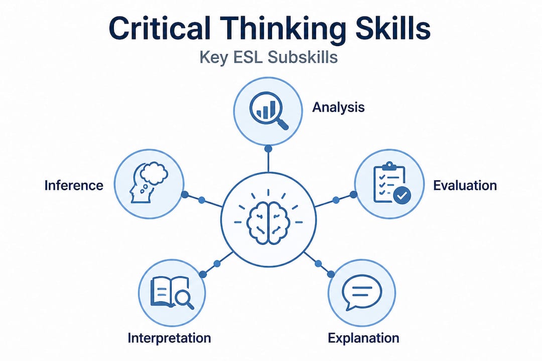 Hierarchy infographic of five ESL critical thinking subskills