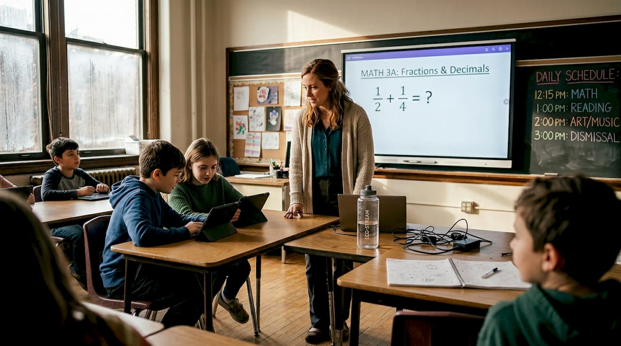 Teacher leading lesson with digital whiteboard