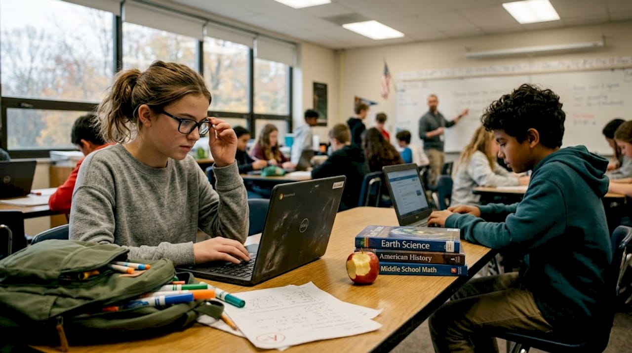 Students working on laptops at classroom table
