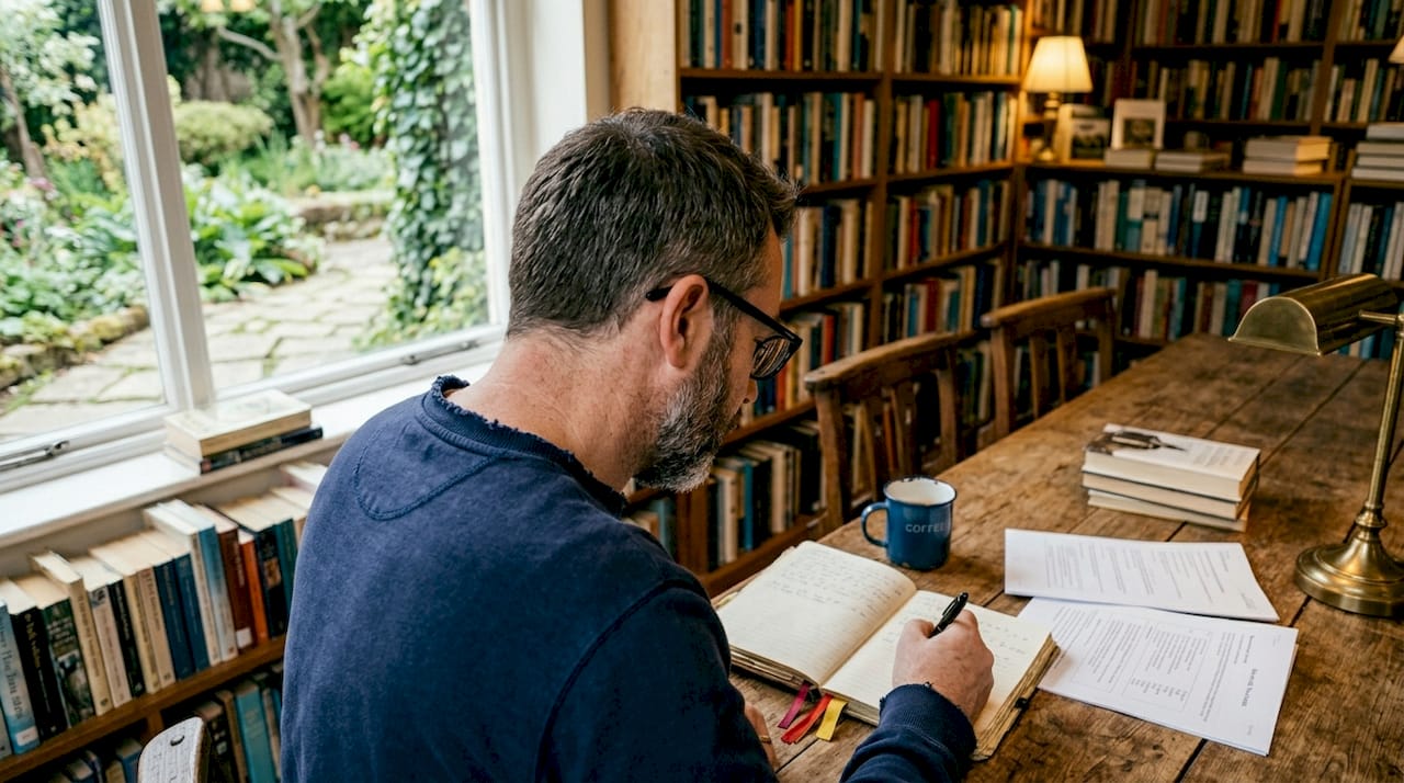 Teacher journaling cultural reflections in café