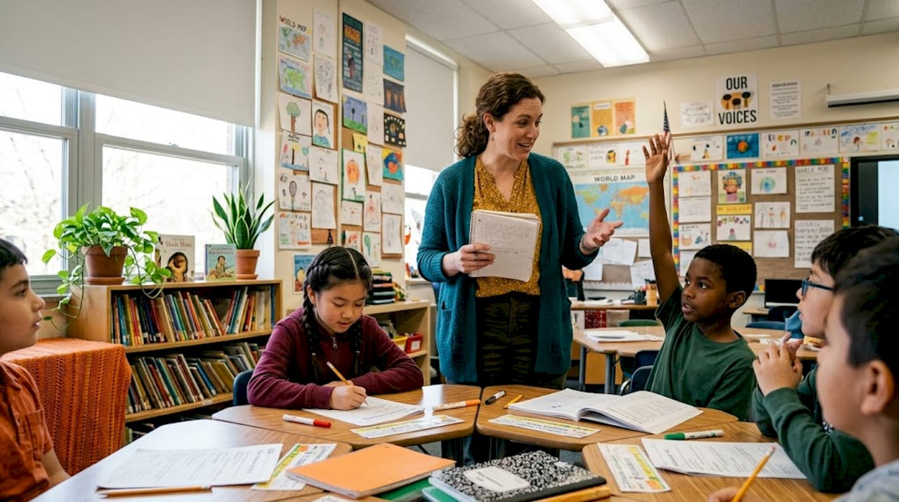 Teacher guiding classroom inclusive discussion