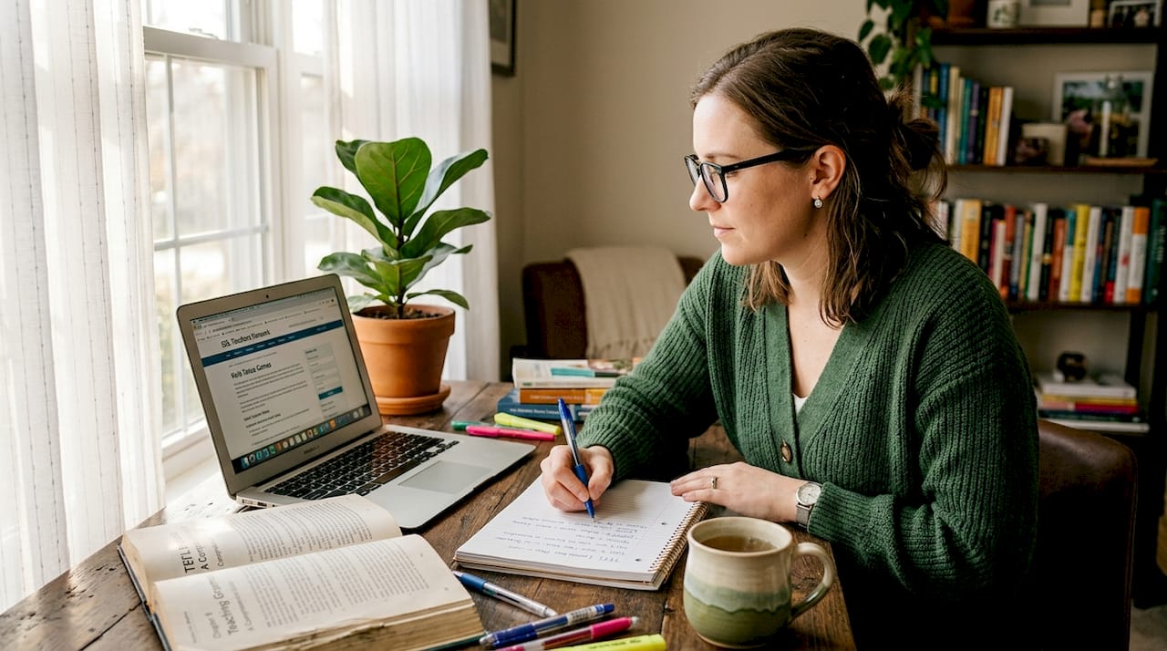 Teacher planning TEFL curriculum at kitchen table