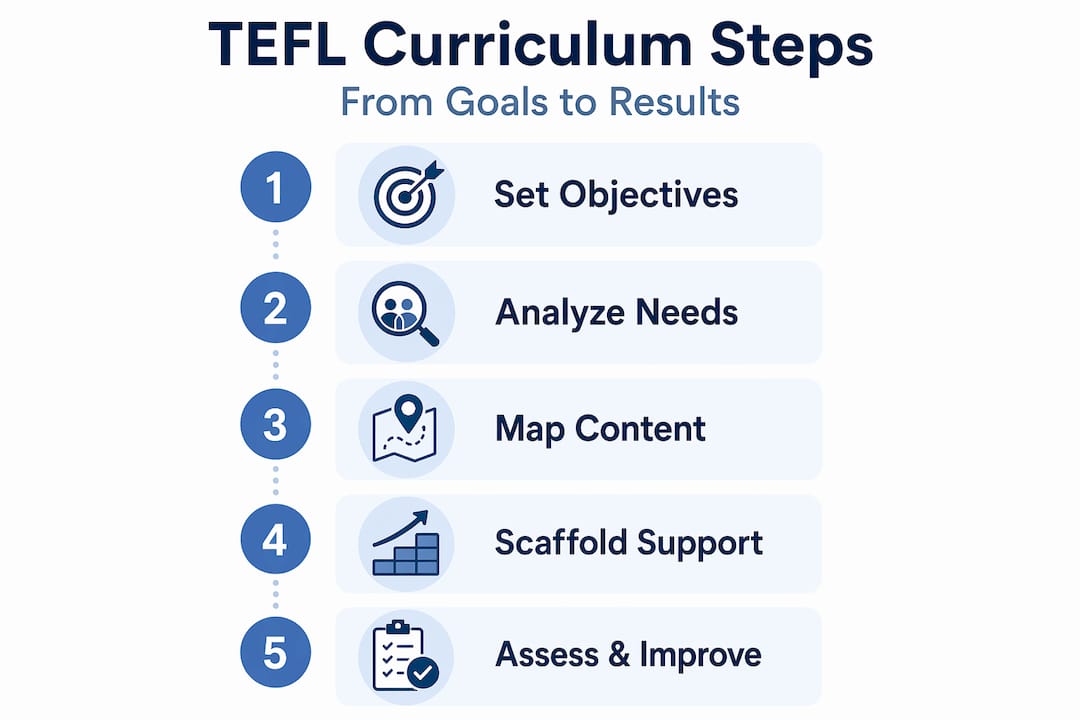 Infographic of TEFL curriculum design steps vertical flow