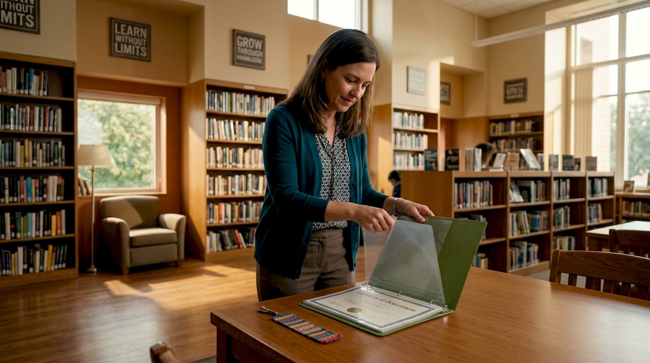 Teacher files certificate in portfolio binder