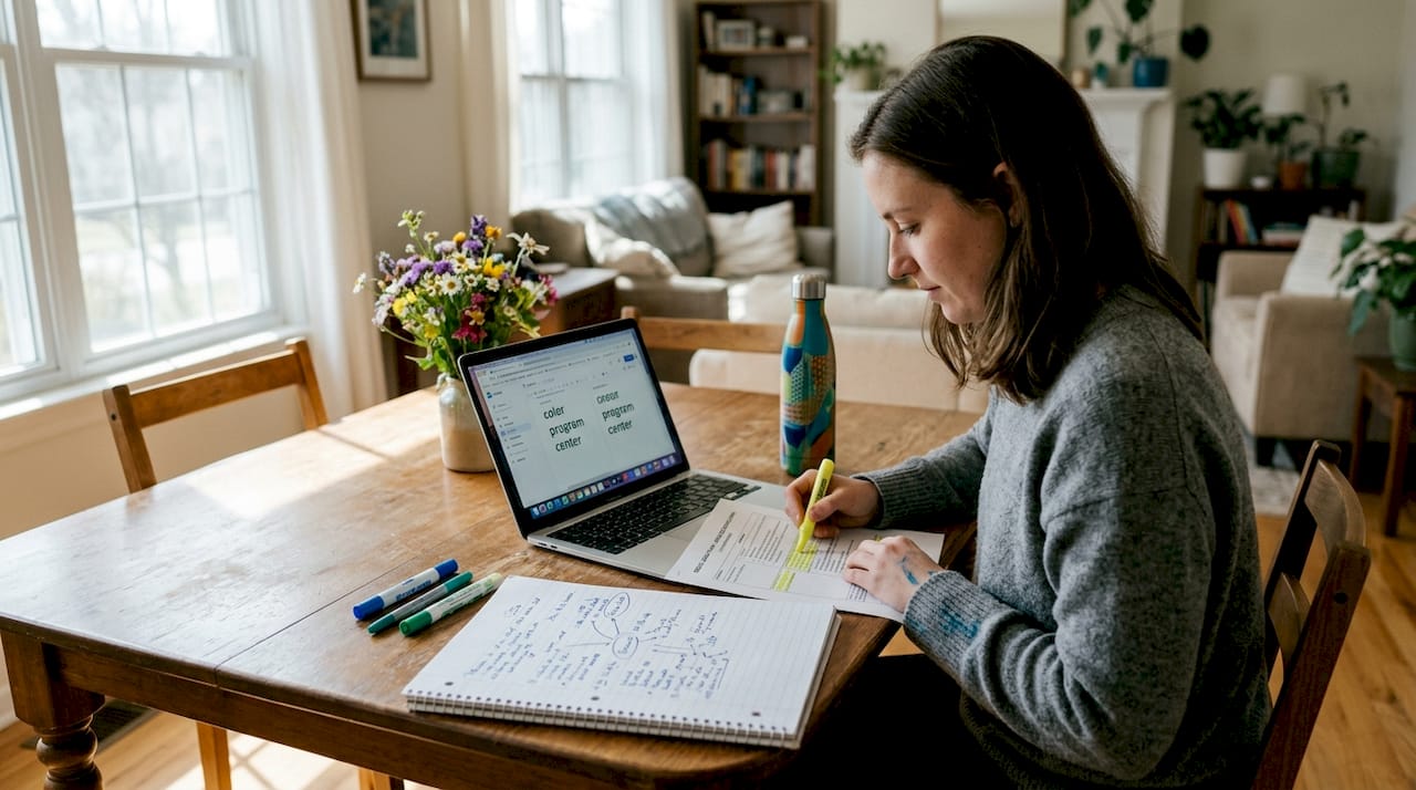 Teacher planning English immersion lessons at home