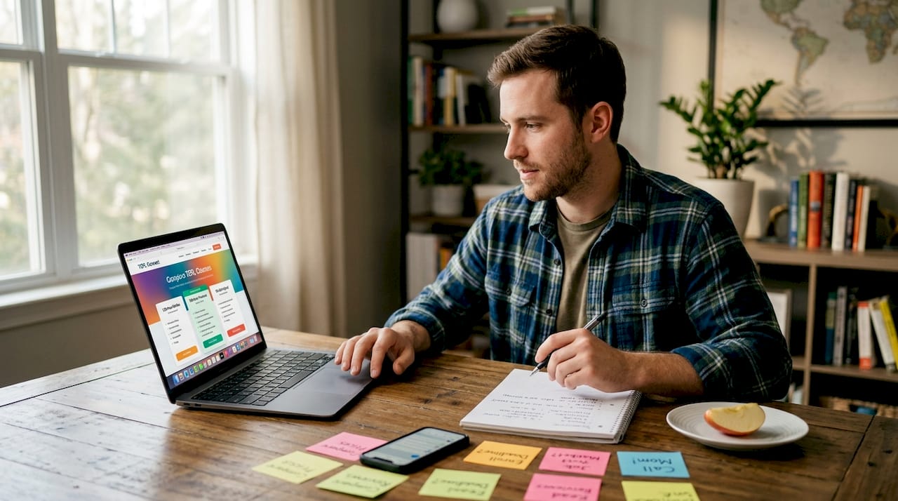 Man researching TEFL specialization at home table