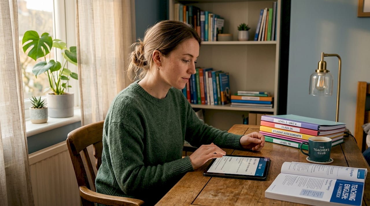 Teacher reviewing English lesson materials in classroom