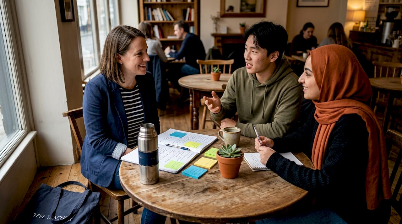 TEFL teacher guiding multicultural classroom discussion