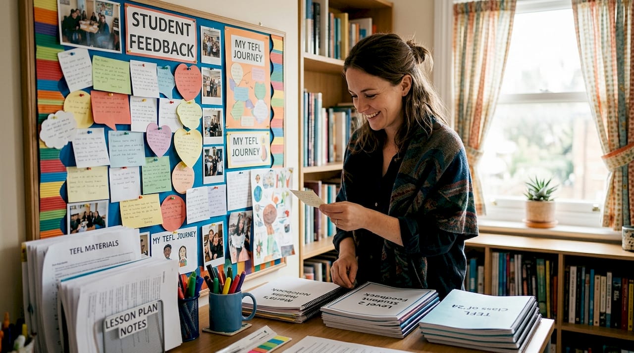 TEFL teacher reading student feedback in classroom