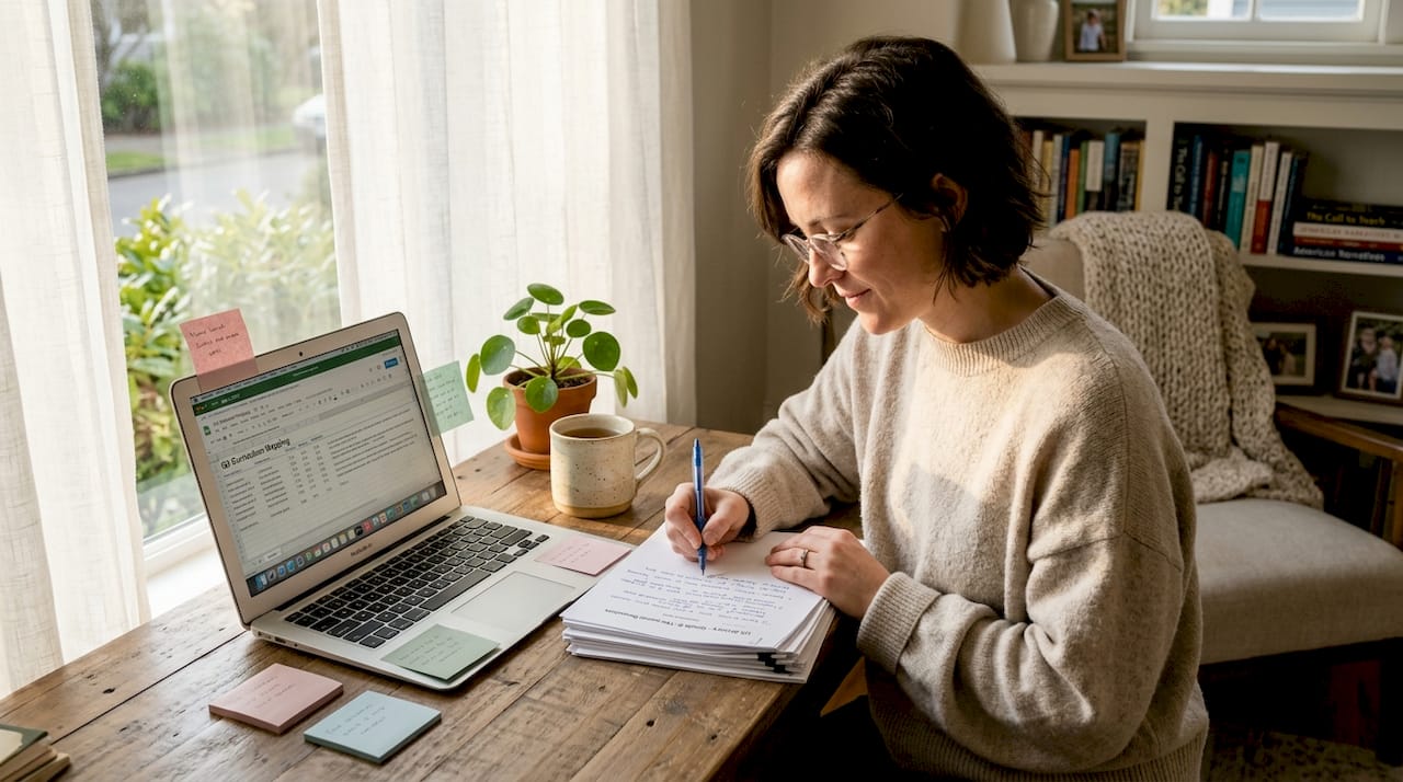 Teacher reviewing lesson plans at desk