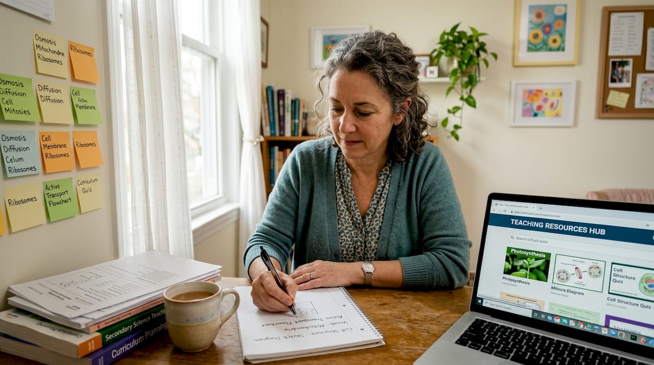 Teacher preparing lesson plan at cluttered table