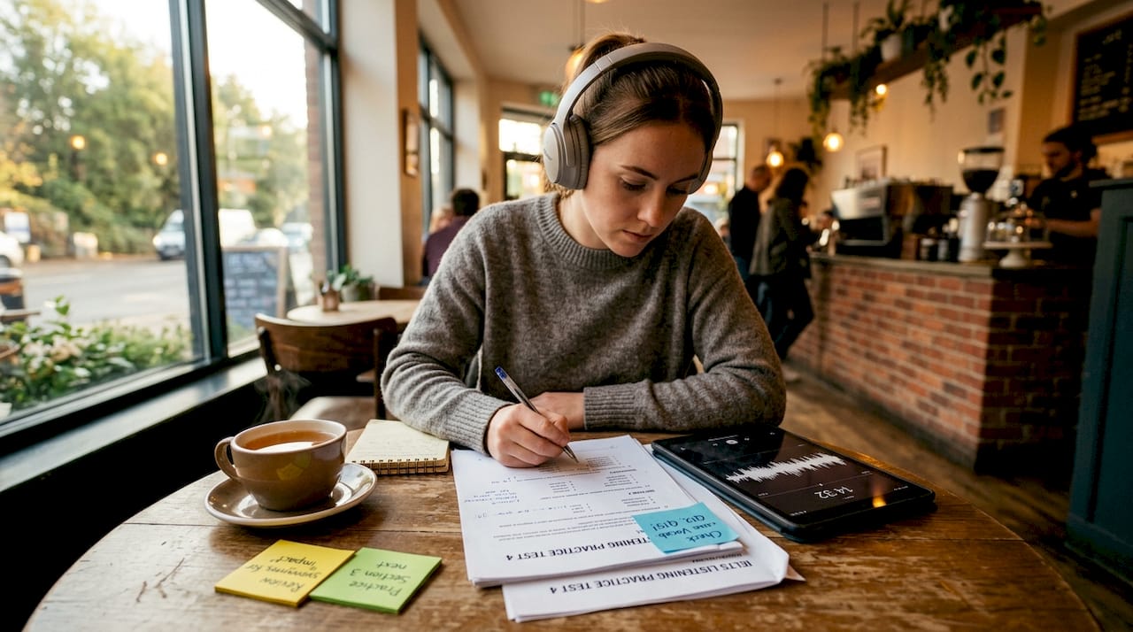 Woman studying IELTS listening at home table