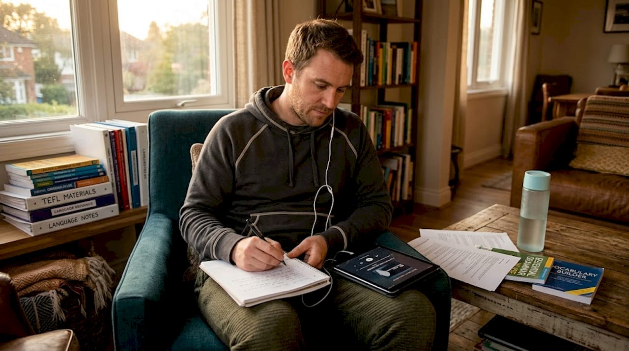 Student practicing listening skills in apartment